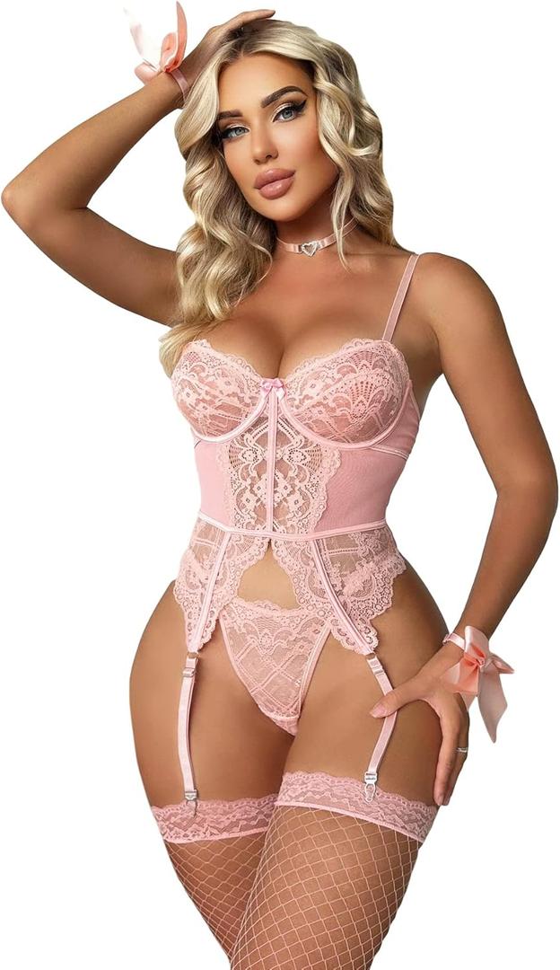 WDIRARA Women's Sexy Lingerie Set Floral Lace Garter Bustier Lingerie Set with 1Pair Fishnet Stocking (Light Pink, S)