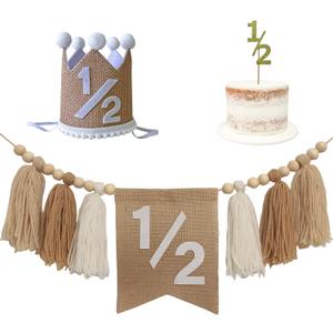 Neutral Half Birthday Decoration Byrlap 1/2 High Chair Banner with Crown Hat and Cake Topper for 6 Months Half Birthday Half Way To One Baby Boy Outfit Supplie