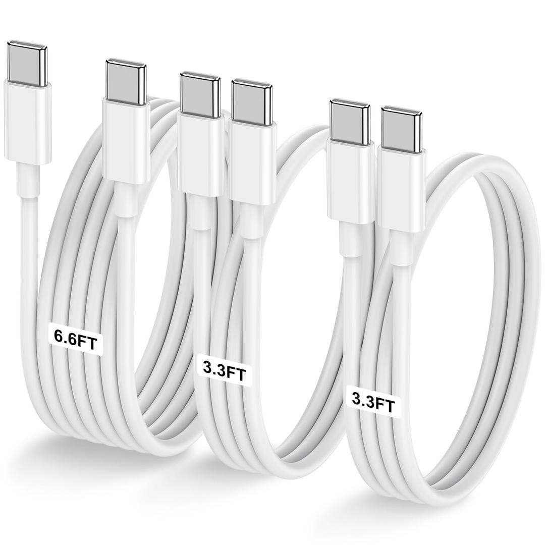 3-Pack [3.3FT+3.3FT+6.6FT] 60W USB C to USB C Cable, Type C to Type C Cable,Fast Charging Cable for iPhone 16 15 Pro Plus Pro Maxfor Galaxy S24 S23, for iPad Pro/Air, for MacBook Pro/Air and More (White)