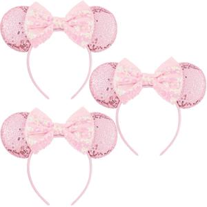 Ears Headbands for Princess, Pink Mouse Ears Headbands for Halloween Costume, Sequin Bows Headwear Hair Accessories for Women - Pink