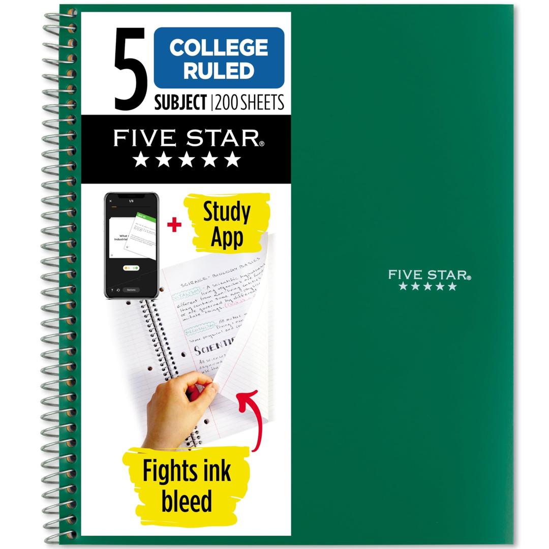 Five Star Spiral Notebook + Study App, 5 Subject, College Ruled Paper, 8-1/2" x 11", 200 Sheets, Fights Ink Bleed, Water Resistant Cover, Forest Green (72079)