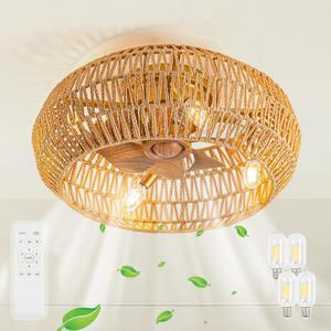20" Boho Ceiling Fans with Lights (Bulbs Included), Low Profile Caged Ceiling Fan with Light and Remote, Rattan Flush Mount Ceiling Fan with 8 Reversible Blades for Bedroom, Living Room