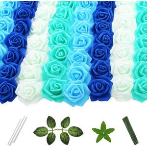 100 Pcs 2 Inch Artificial Flowers Faux Foam Fake Rose Head Bulk for Home Decor Wedding Decoration Bridal Shower Wall Table Centerpiece Arrangement DIY Craft (4 Shades of Blue Green)