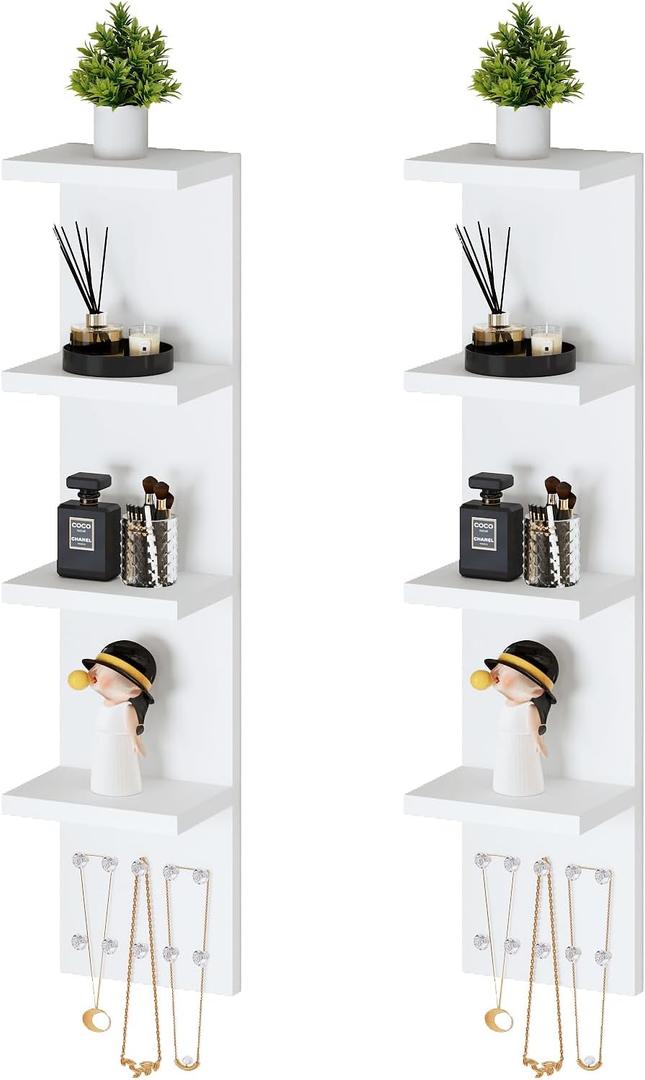 4 Tier White Lack Shelf Vanity Wall Shelf with 10 Crystal Hooks - Multi-Functional Storage for Makeup, Jewelry, Plants, Awards & Display (L7.1 x W5.5 x H30.7) (2)