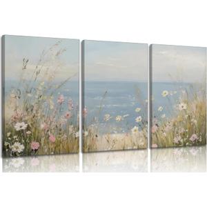 Coastal Wildflowers Wall Art Nature Inspired Ocean View Canvas Poster Vintage Neutral Floral Prints Artwork, Seaside Floral Rustic Country House Decoration for Living Room, Office Scene Home Decor