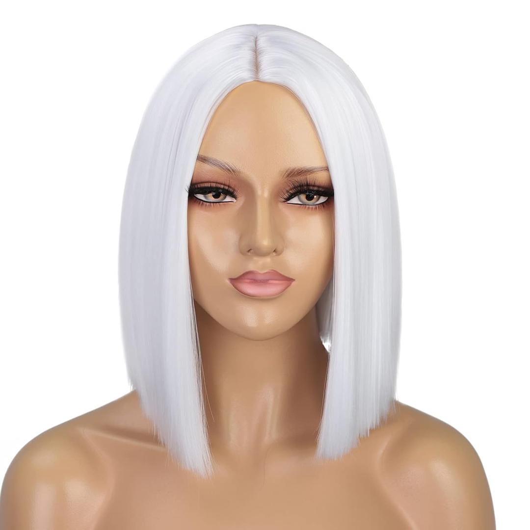 White Wig Short Bob Wigs for Women 12Inch Heat Resistant Middle Part Straight Synthetic Wig Party Costume Halloween Cosplay Hair