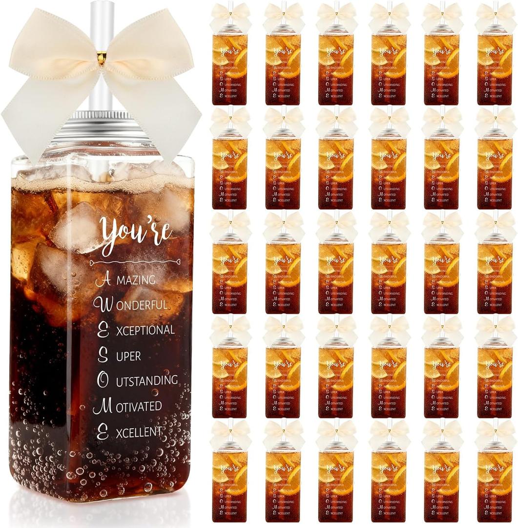 Skylety 36 Pcs Thank You Gifts for Coworker Teacher Appreciation Gift Employee Appreciation Gifts Cups Bulk Mother's Day 13.5 oz Clear Skinny Tumblers with Straws Lids Bow(You're Awesome,Beige)