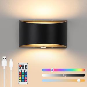 Lightess Battery Cordless Wall Sconces, 13 RGB Colors Rechargeable Wall Sconce, Remote & Touch Control, Magnetic Wall Lamp, LED Wall Lights for Bedroom, Living Room, Hallway (Black)