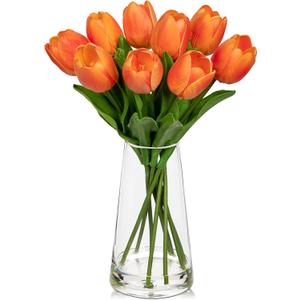 Fake Tulips Artificial Tulip Flowers in Glass Vase with Faux Water, 14.2" Real Touch Orange Tulip Flowers Dcor for Table Centerpiece Home Farmhouse Resto Wedding Decoration