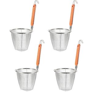 Angoily Pasta Strainer, 4PCS Mesh Pasta Basket with Wooden Handle, Stainless Steel Spider Strainer Sieve Noodle Strainer Blanching Basket, Deep Colander Insert for Pot for Kitchen Frying Cooking