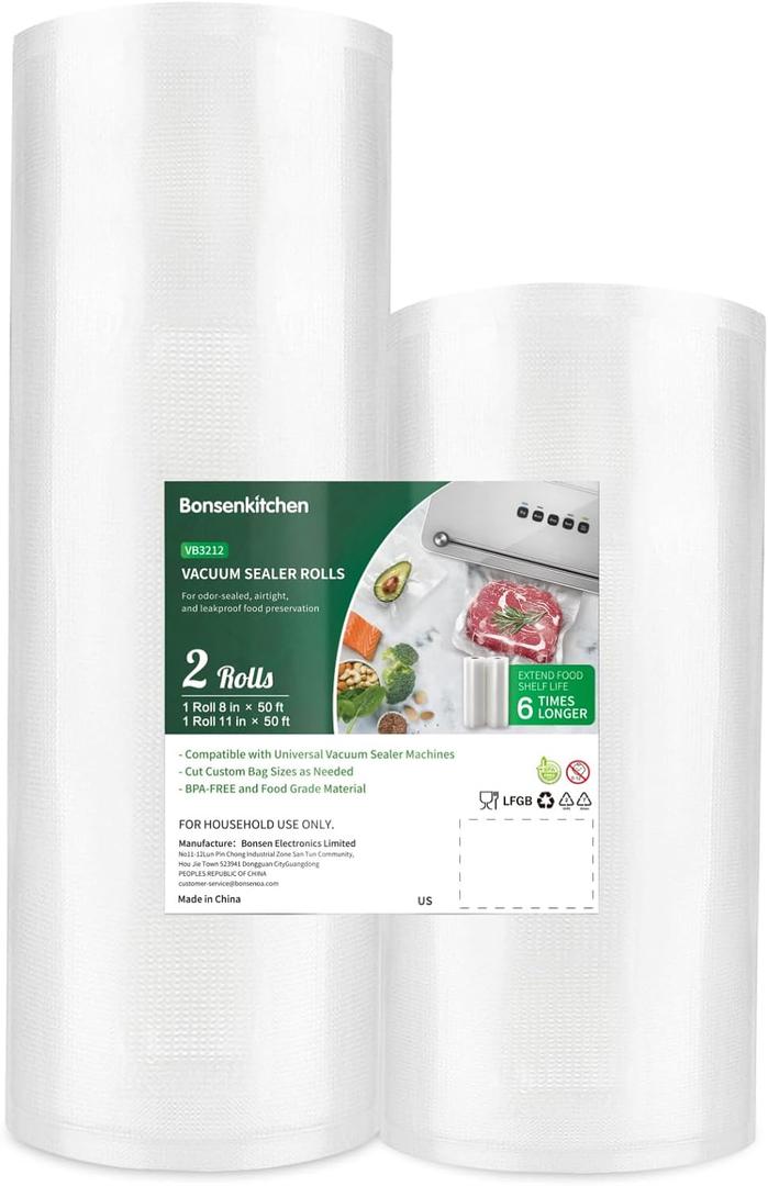 Bonsenkitchen Vacuum Food Sealer Rolls Bags, 8" x 50' & 11" x 50' Commercial Grade BPA Free Bag Rolls, Durable Customized Size Food Vac Bags for Storage and Sous Vide Cooking VB3212