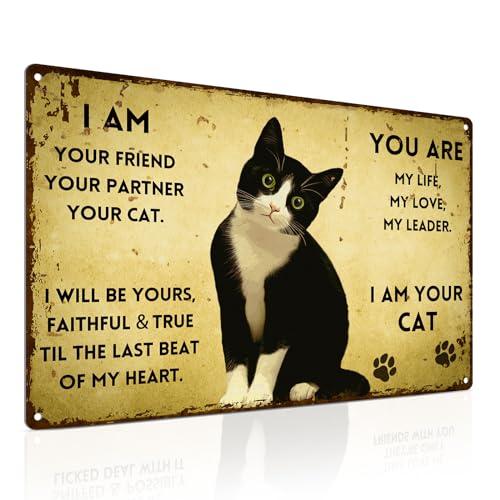 ALKB Vintage Metal Cat Sign - "I Am Your Friend, Your Partner, Your Cat" - 8"x12" Retro Metal Wall Decor for Cat Lovers, Pet Themed Gift with Paw Prints. Pack of 2