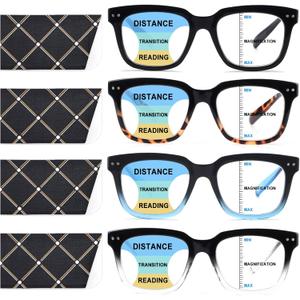 Progressive Multifocus Reading Glasses for Women Men Blue Light Blocking Spring Hinge Square Computer Readers (4 Pack Mixed a)