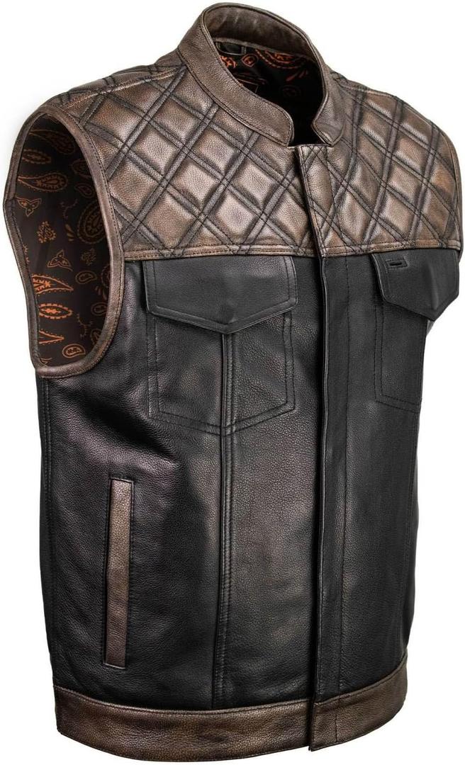 Milwaukee Leather Men’s Leather Club Vest – Paisley Lining, Contrast Stitch, Patch Ready Back, Storage Pockets