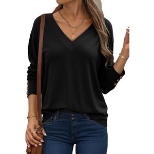 Dokotoo Women's Casual Long Sleeve V Neck Pullover Shirts Loose Fit Lightweight Knit Tops