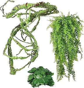 Kathson 3 PCS Reptile Vines Plants Flexible Bendable Jungle Climbing Vine Terrarium Plastic Plant Leaves Pet Tank Habitat Decor for Bearded Dragons Lizards Geckos Snakes Frogs and More Reptiles
