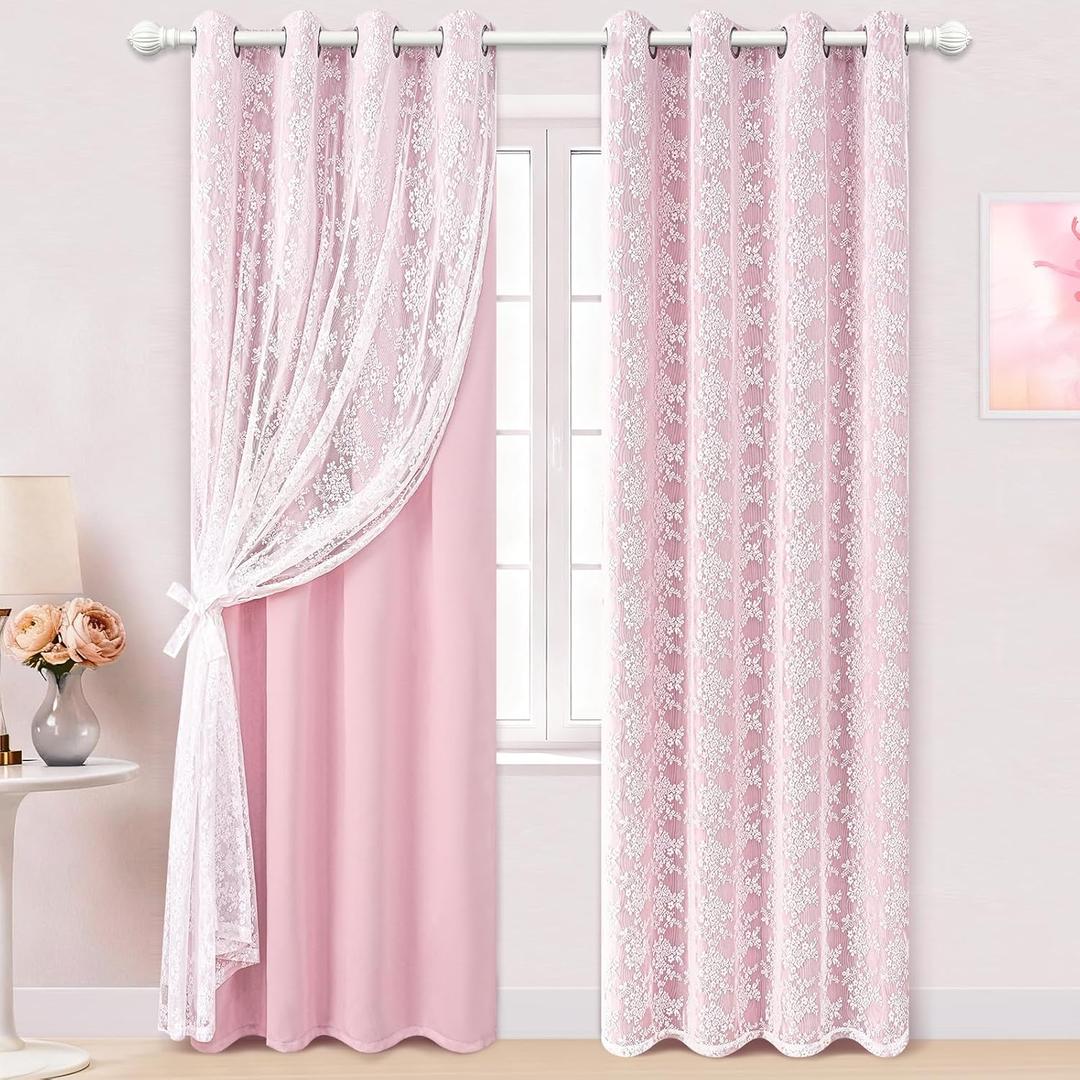 Yinhua Pink Curtains for Girls Room Double Layer Blackout Curtains for Bedroom 84 Inches Long Nursery Curtain for Living Room, Grommet Drapes with Tiebacks, 52" W x 84" L