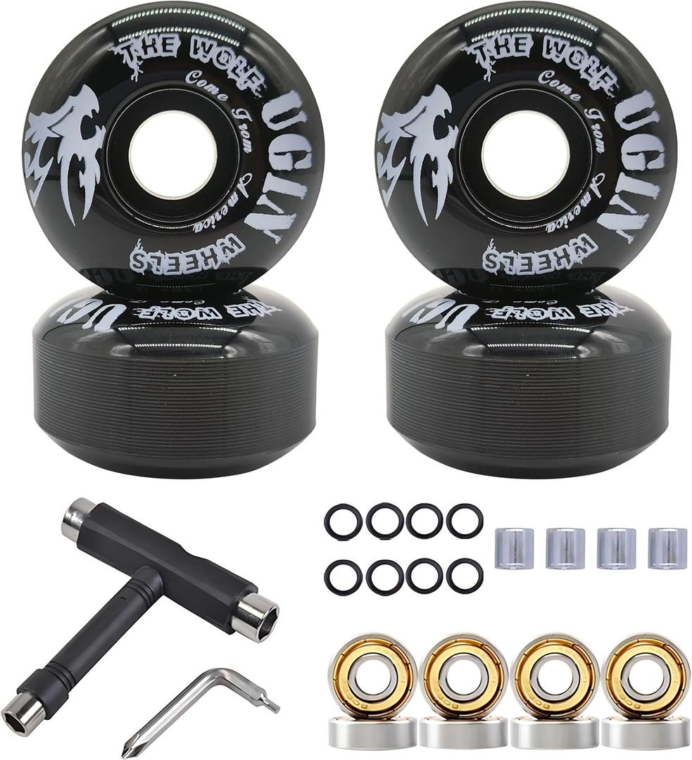 Skateboard Wheels 52mm 95A with Tool Set, Skateboard Bearings,Skateboard Tools Washers, Freestyle Skateboard Wheel Tips Street Skateboard (black)