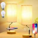Set of 2 Smart Bedside Table Lamp with Wireless Charger & USB Port - Touch Control LED Desk Lamp for Bedroom, Dimmable Wooden Nightstand Lamp with Fabric Shade for Living Room, Kid's Room, (Cream)