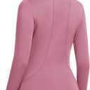 Loovoo Thermal Shirts for Women Long Sleeve Workout Tops Crewneck Fleece Base Layer Running Athletic Tee with Zipper Pocket (Small, 1-grey Pink)