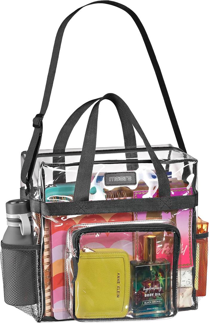 Masirs Clear Tote Bag Stadium Approved - Mesh Pockets Shoulder Straps Zippered Top Perfect for Work Games Concerts (Clear / Black Trim)