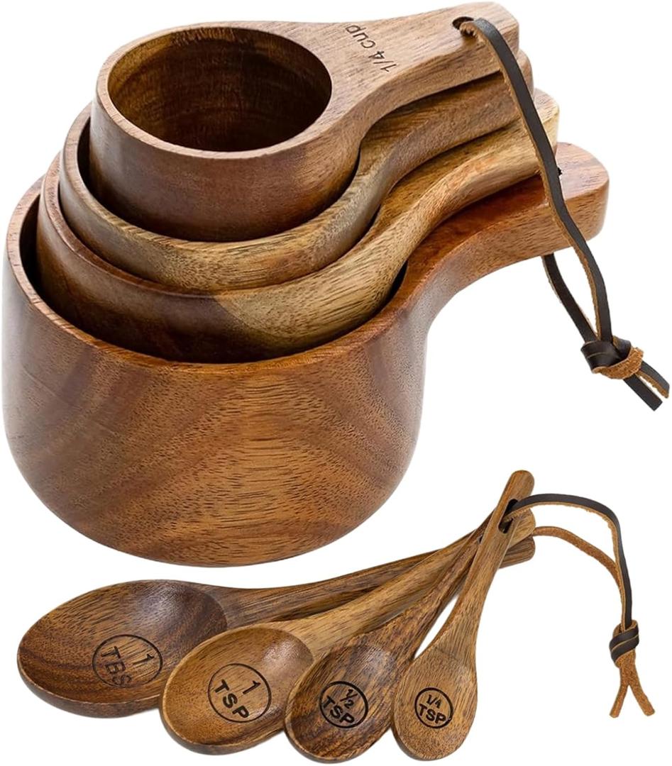 Wooden Measuring Cups and Spoons Set - Eco-Friendly Solid Acacia Wood, Laser Engraved Measurements, Perfect for Baking & Cooking - Ideal for Bakers, Chefs & Home Cooksbrown