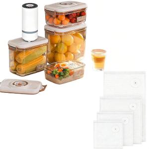 Vacuum Container, Vacuum Seal Containers,4pcs Airtight Food Storage Containers with Lids,4pcs Food Vacuum Bags/ 1pc Automatic Pump, Marinade and Keep Food Fresh with Time Dial, BPA Free(Square)