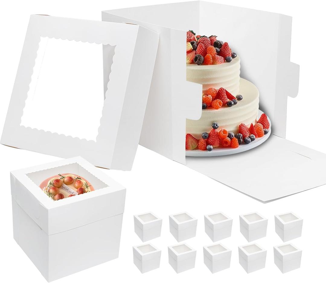 Mcfleet 10pcs Cake Boxes 12 Inch 12x12x12 Tall Cake Boxes with Window for Tier Baking Disposable Bakery Containers with Lids White Large Cardboard Bakery Take Out Carrier for Wedding, Birthday, Party