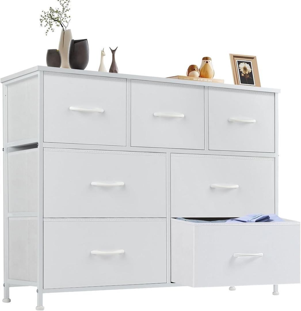 Sweetcrispy 7 Drawer Dresser Storage Organizer with Fabric Bins, Sturdy Steel Frame and Wood Top, Easy Pull Handles, for Bedroom Closet Hallway Entryway,White