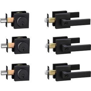 Exterior Door Lock Set with Deadbolt, Front Door Handle Set with Deadbolt, Door Levers Single Cylinder Deadbolt Set, Keyed Alike Heavy Duty Keyed Entry Handles Locksets,(Matte Black, 3 Pack)