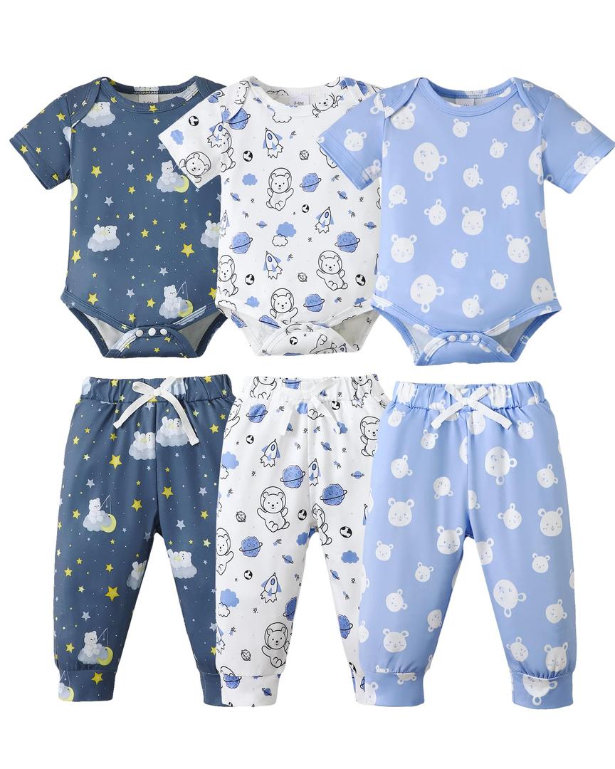 NZRVAWS Newborn Baby Boy Clothes 3-6 Months Short Sleeve Romper Cotton Long Pants Infant Outfits 6 pcs Solid Clothing Set Nude