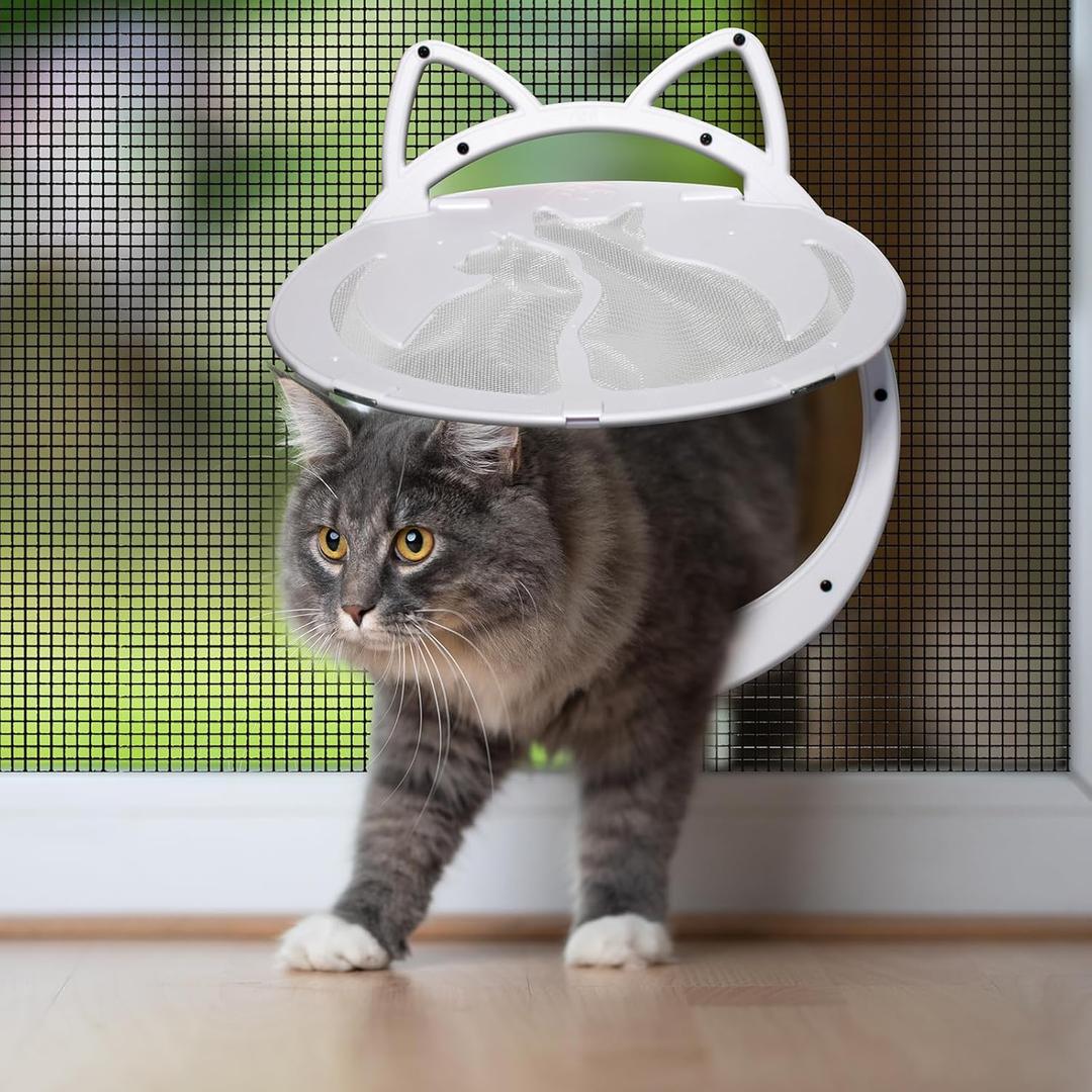 Cat Door for Screen Door, Cat Doors with Lockable Magnetic Flap, Inside Openning 10x10x0.5 inch, Pet Screen Doors Built-in for Puppy, Cats Up to 20 lbs, Equipped with Installation Tools, White