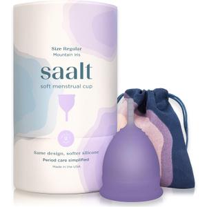 Saalt Soft Menstrual Cup  Reusable Period Cup  Made for Comfortable, Leak-Free Protection Up to 12 Hours  BPA & Latex Free  Includes Cup & Carry Bag (Regular, Mountain Iris)