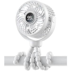 Bearwind Mini Portable Stroller Fan for Travel,360° Rotation,4-Speed LED Night Light Clip on Fans Operated by Rechargeable Battery, Cordless Fan with Tripod Car Seat Baby Pram (White),2pcs