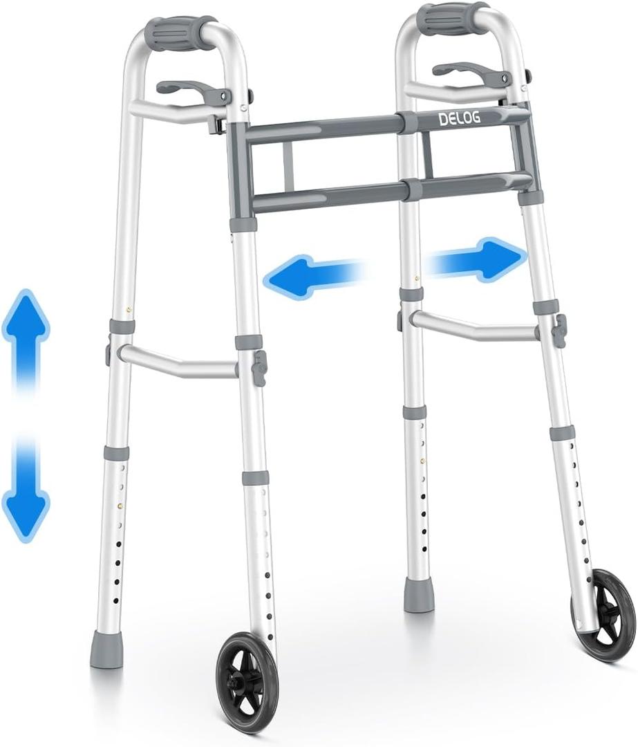 Delog Narrow Folding Walker for Seniors with Trigger Release and 5 Inches Wheels, Lightweight Supports Up to 350 lbs, Aluminum Folding Walker for Elderly, Handicapped and Disabled (Gray)