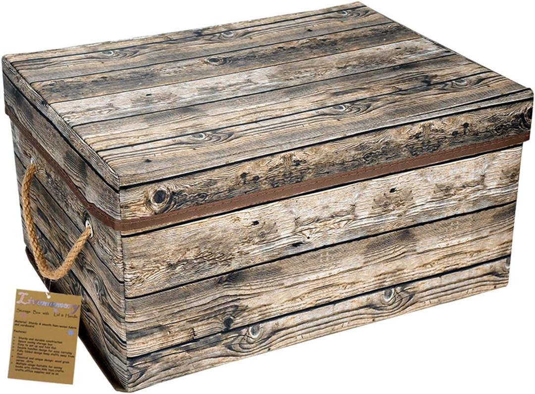 Livememory Decorative Storage Box with Lids, Fabric Storage Box with Lid and Handles for Decorative Storage, L15.7 x W11.8 x H7.9 In(Not Made of Wood) (A1- Brown Printed Wooden Grain)