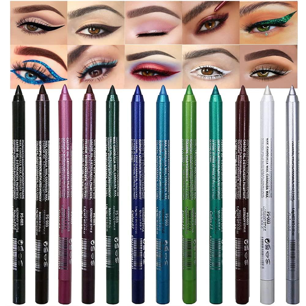 evpct 12Pcs Green Blue White Black Brown Purple Color Gel Glitter Eyeliner Pencils Set for Women Waterline Waterproof Smudge Proof lapiz de ojos delineador de ojos contra el agua Eye Liner Makeup 1 (12Pcs Set02-Shimmer and Matte)