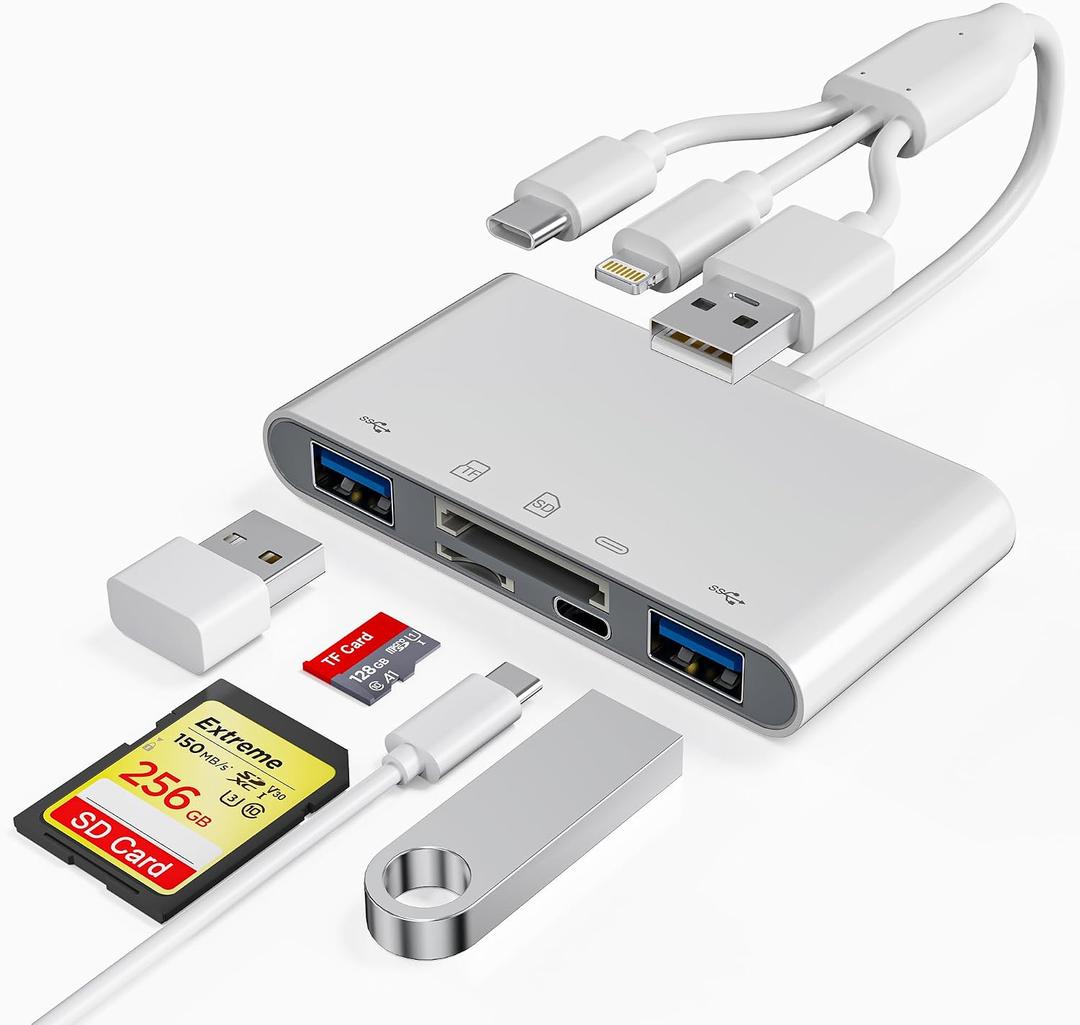 3 x SD Card Reader for iPhone/iPad, USB C and Lightning Port SD Card Adapter with 2 USB 3.0, Memory Card Reader for Camera Adapter, Support SD, Micro SD, Type C, USB-A Devices