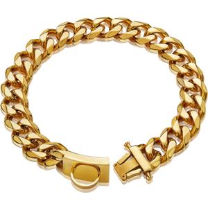 Gold Dog Chain Collar Walking Metal Chain Collar with Design Secure Buckle,18K Cuban Link Strong Heavy Duty Chew Proof for Medium Dogs(19MM, 15")