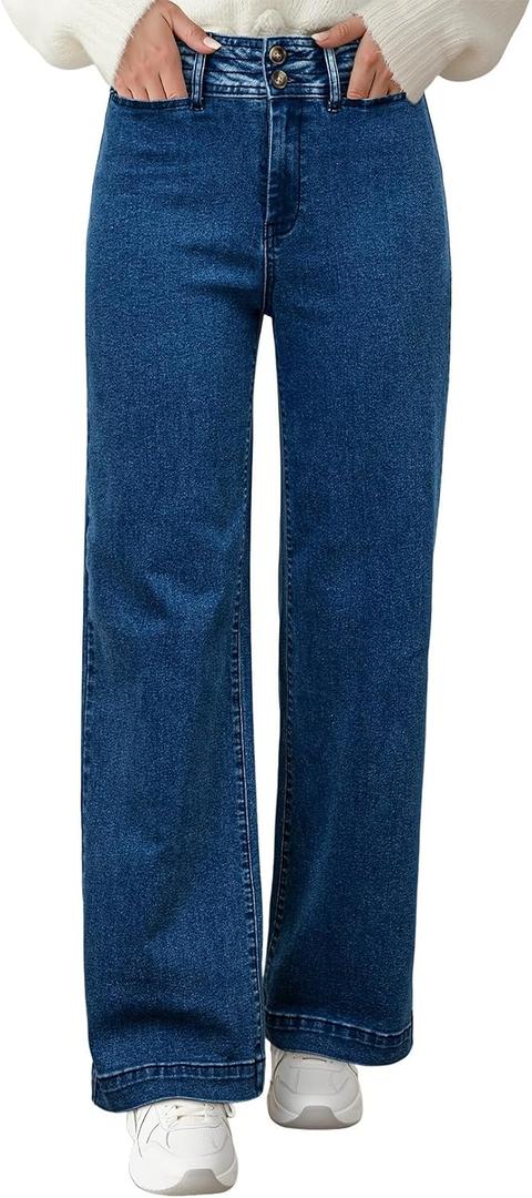Astylish Women Wide Leg Jeans High Waisted Double Buttoned Stretchy Straight Leg Jeans Loose Trendy 2025 Denim Pants (Blue)