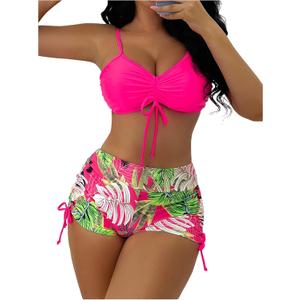 GORGLITTER Women's Tropical Bikini Set Drawstring Cami Top High Waisted Swimsuits with Boy Shorts (X-Large, Hot Pink)
