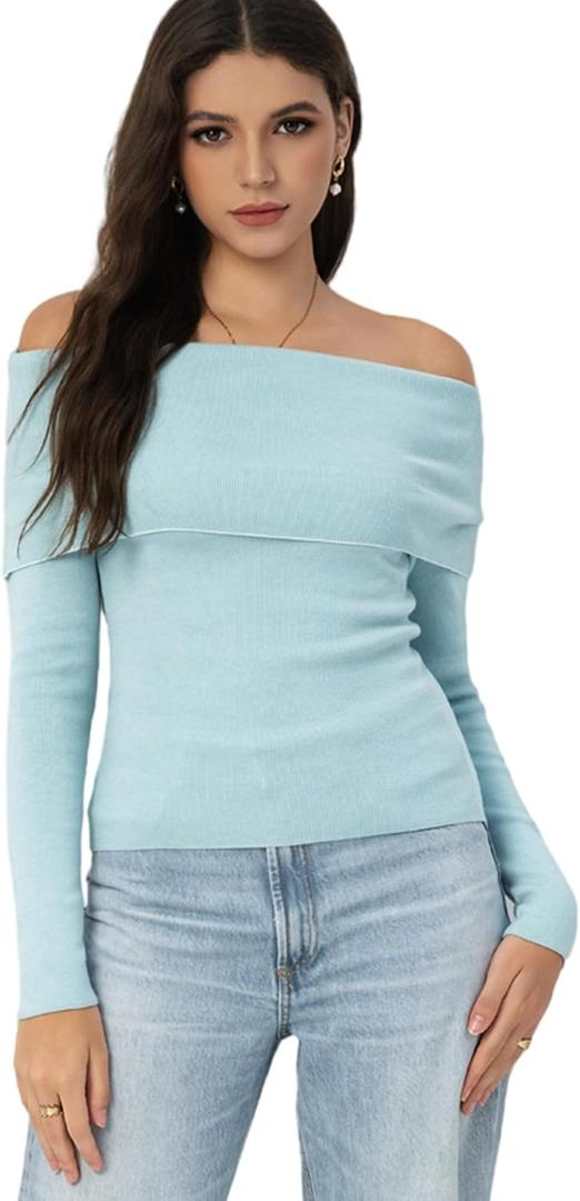 Women's Autumn Sweater, 2026 Casual Long Sleeve Off-The-Shoulder Strapless Knitted Sweater, Pullover Sweater (Blue, L)