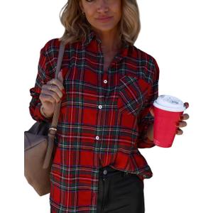 Lacozy Womens Buffalo Plaid Flannel Shirt Long Sleeve Collar Button Down Blouses Tops (Medium, Red Green Plaid)