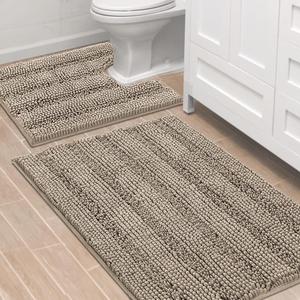 H.VERSAILTEX Bathroom Rugs Bath Rug Set 2 Piece Bathroom Contour Rug Toilet Mat Sets Non Slip Contour Bath Rug Ultra Thick Water Absorbent Striped Bath Mats Washable(36" x 24" Plus 20" x 24" U, Taupe)