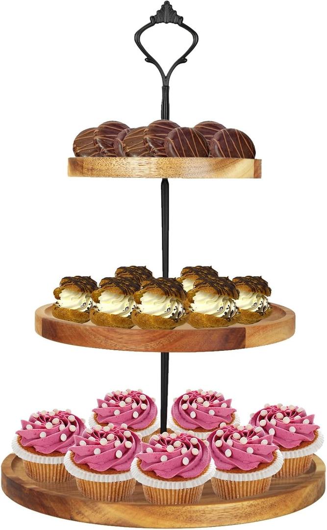 Oungy 3 Tier Wooden Cupcake Stand Tiered Serving Tray Cupcake Tower Wood Dessert Tray for Farmhouse Wedding Birthday Tea Party Kitchen Decor