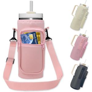 Water Bottle Holder with Strap, Insulated Crossbody Sling Bag, Carrier with Phone Pocket for Walking Hiking Camping Fishing (For Stanley Cup 40 oz, Pink 1)