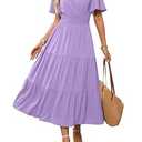 Caracilia Womens Summer Midi Dresses Casual A Line Wrap V Neck Short Sleeve Flowy Tiered Party Vacation Dress with Pockets Light Purple Large