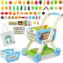 Kids Shopping Cart - 2 in 1 Toy Shopping Cart with Play Food Fruit Vegetable Dessert and Shop Accessories, 72pcs Pretend Play Grocery Store Toy Kitchen Game Trolley Play Set for Kids (Blue)