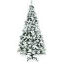 6ft Snow Flocked Hinged Christmas Tree w/Berries & Poinsettia Flowers