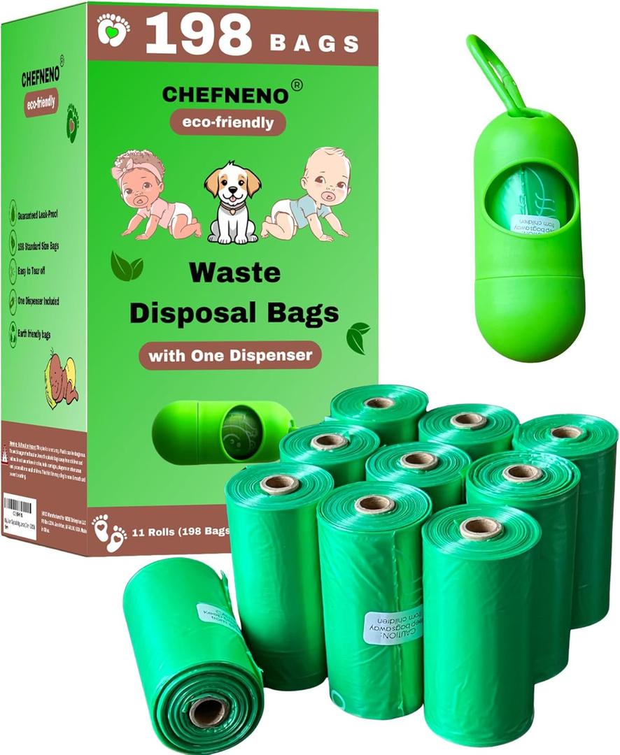 Multipurpose Waste Bags 11 Refill Rolls (198 Bags) with Dispenser, Biodegradable, Leak-Proof, Easy to Use, Value Pack